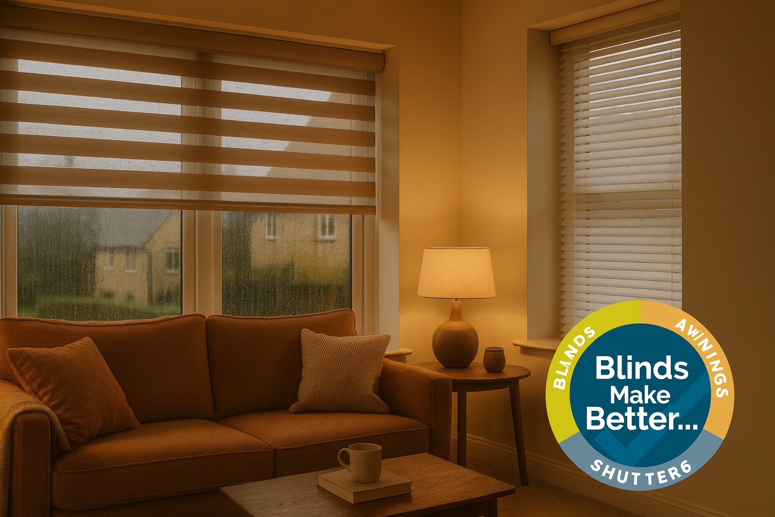 two types of blinds in one room in autumn